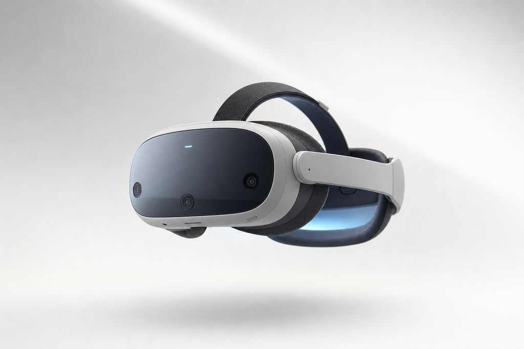 3D render of a state-of-the-art VR headset with matte and metallic finishes floating in a