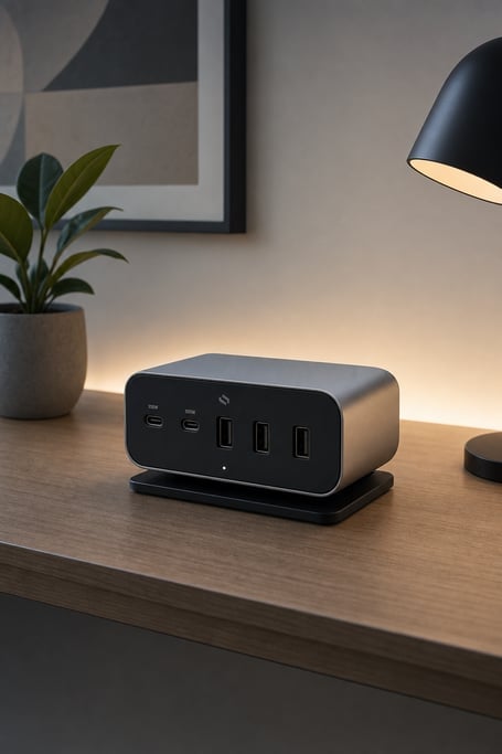 Compact, stylish charging station with multiple ports, set on a clean wooden desk