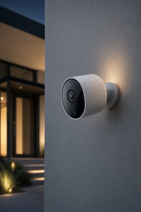 Contemporary smart home security camera, elegantly mounted on an abstract concrete wall