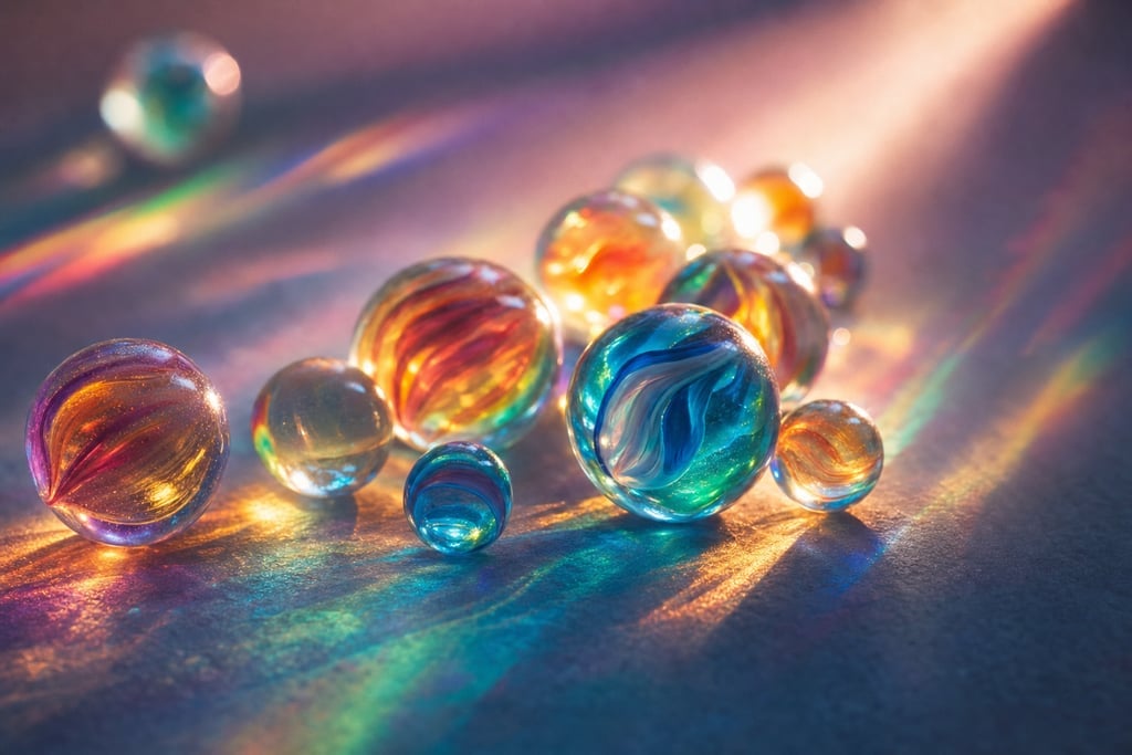Collection of glass marbles with swirling patterns basking in a stream of warm sunlight