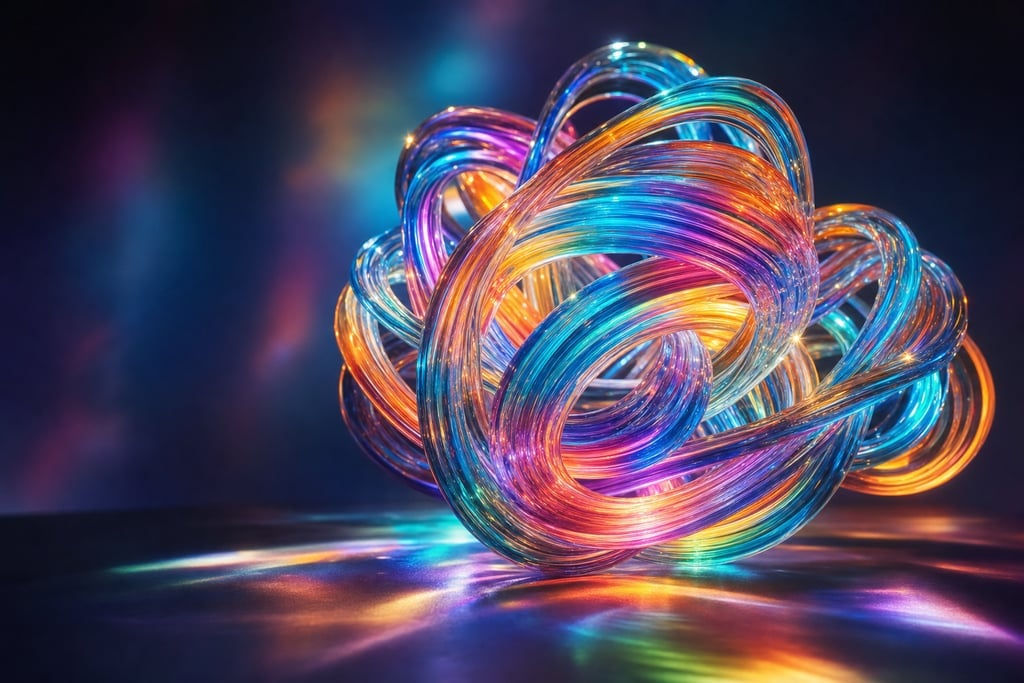 Luminous abstract sculpture made of intertwined multicolored glass strands under focused l