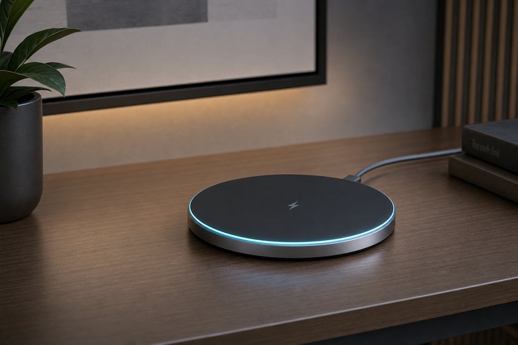 3D render of a sleek wireless charging pad with glowing edges in cyan and silver on a mini