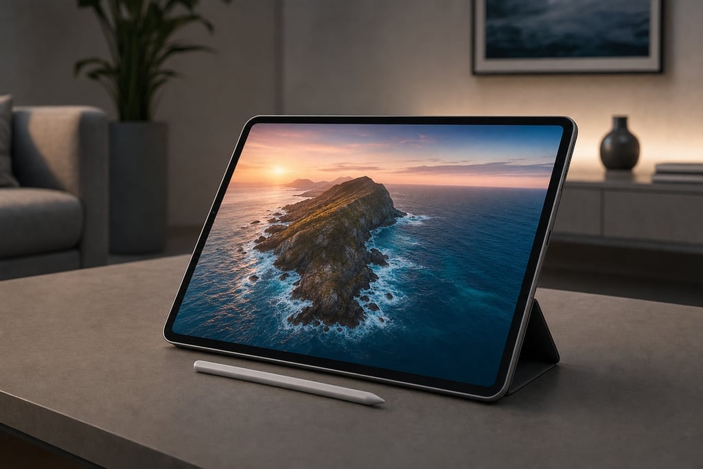 Sleek, next-gen tablet with a high-resolution screen depicting vibrant media content