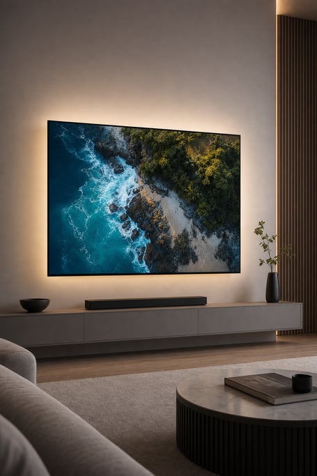 Minimalist, bezel-less smart TV mounted on a soft pastel-toned wall with ambient lighting