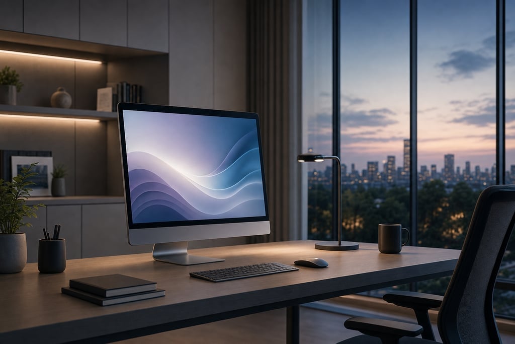 Sleek, slim desktop computer set in a spacious home office with a large window view