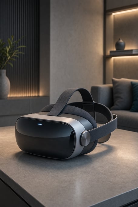 Futuristic virtual reality headset with streamlined curves and a hint of metallic sheen