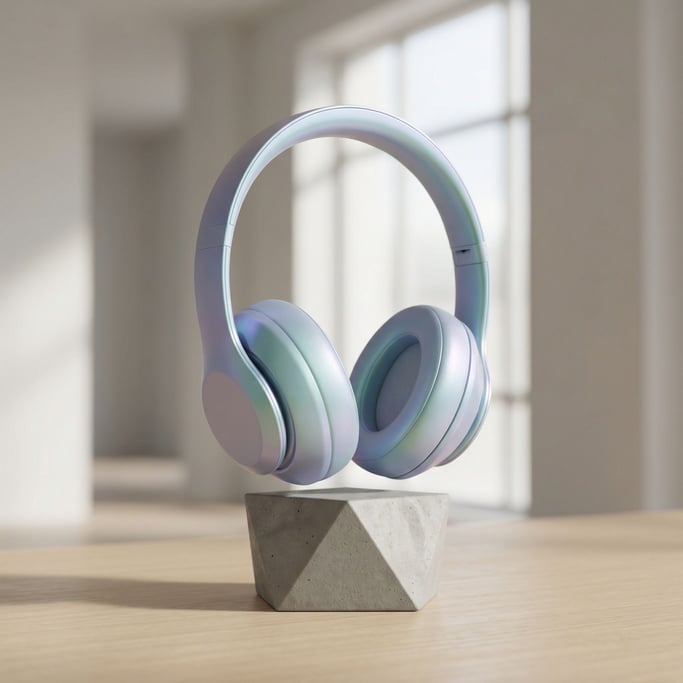 Minimalist headphones resting on a geometric concrete stand, product showcase with precise placement