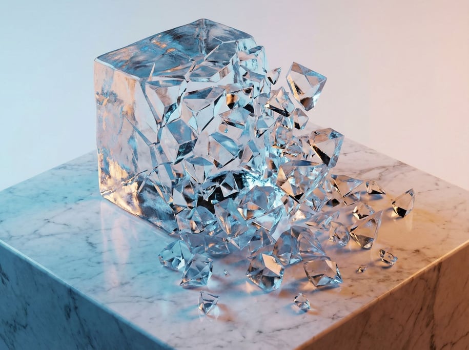 Ice shattering into hundreds of geometric fragments