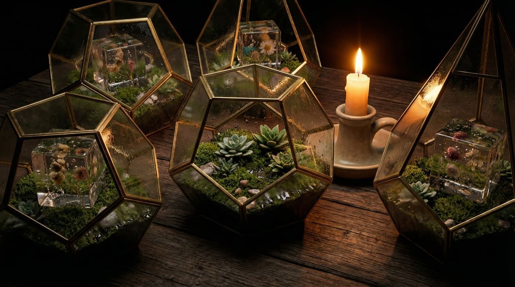 Geometric glass terrariums containing tiny ecosystems, brass frames, condensation on the inside (olqvaqjd)
