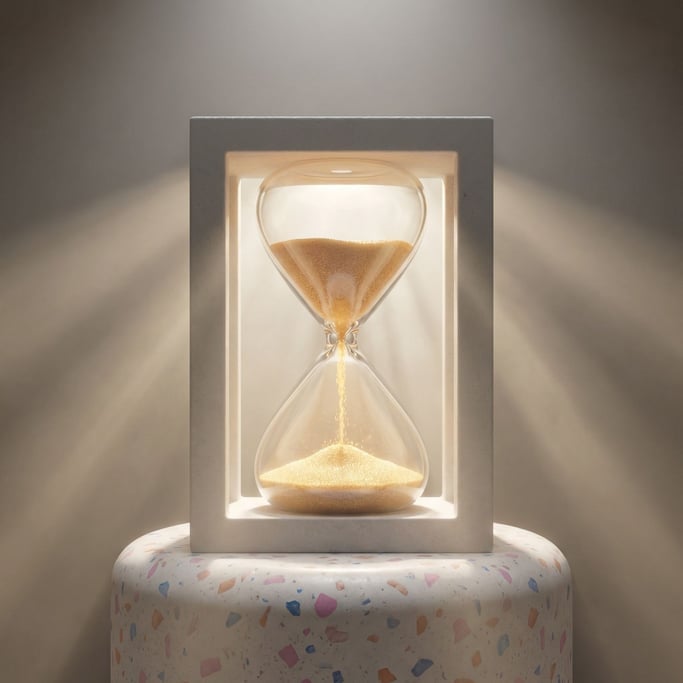 Sand flowing through an hourglass, each grain individually visible, time made tangible (ff35i6bm)