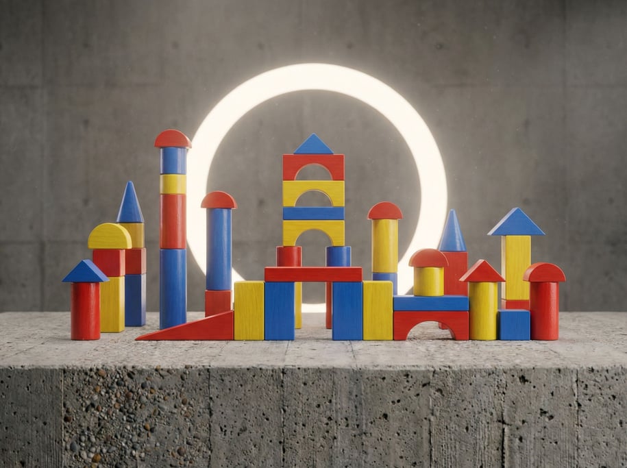 Wooden building blocks arranged as a miniature cityscape, primary-colored towers and bridges