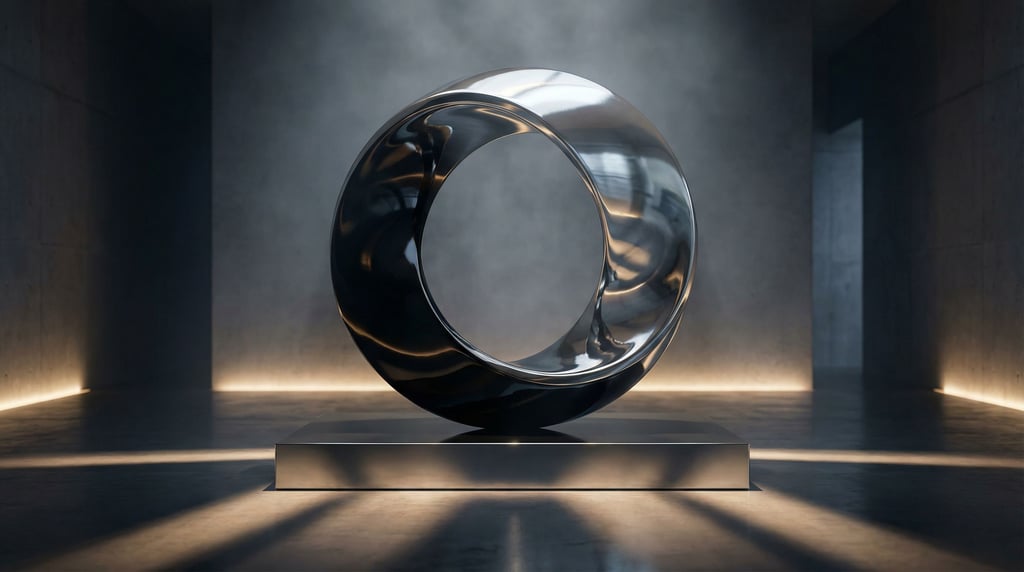 A Mobius strip made of polished chrome, twisted surface catching environmental reflections (yxelagb)