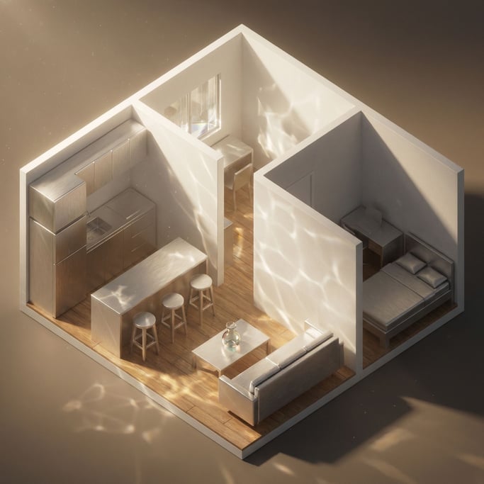 Isometric tiny apartment interior, every room visible from above