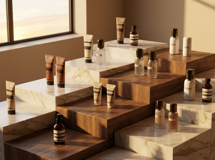 Cosmetic tubes and bottles arranged in a precise grid on stepped marble platforms, premium feel