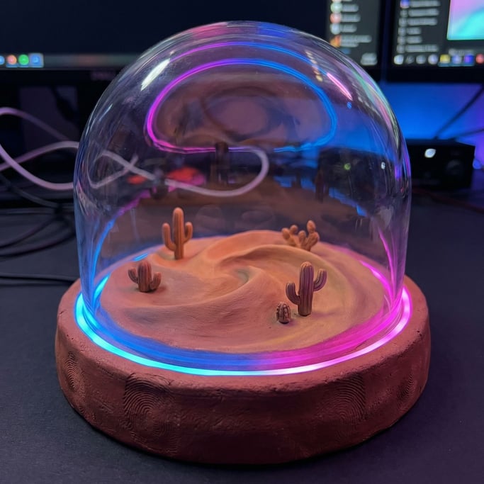 A miniature desert landscape enclosed in a glass dome, sand dunes and tiny cacti under curved glass