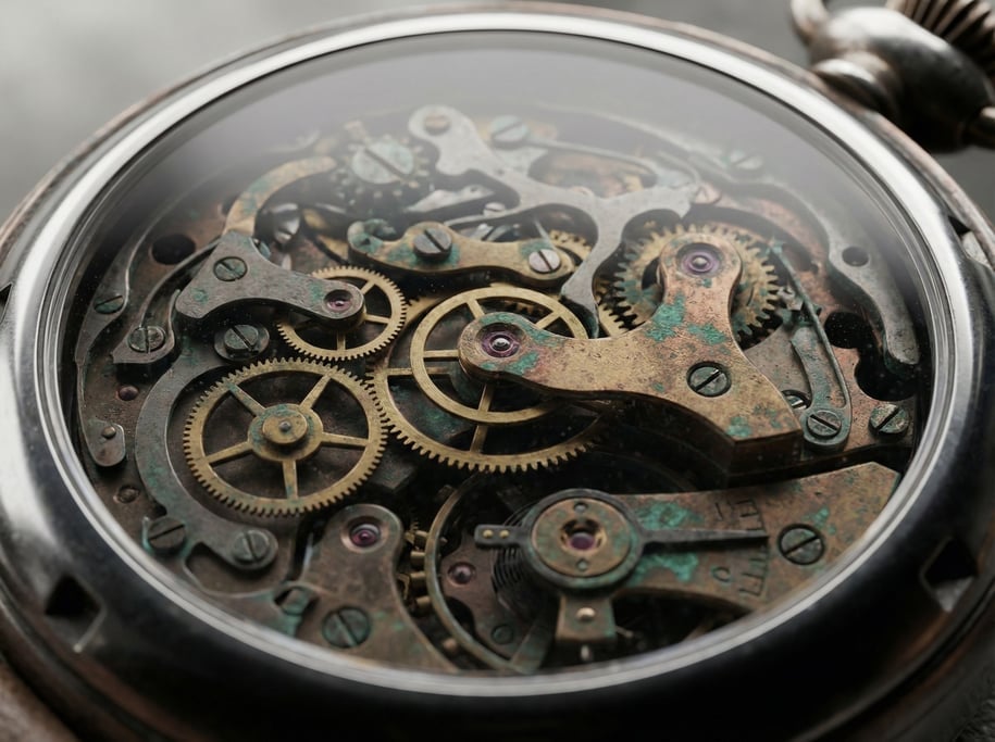 Gears and clockwork mechanism visible through a transparent watch case, intricate brass machinery