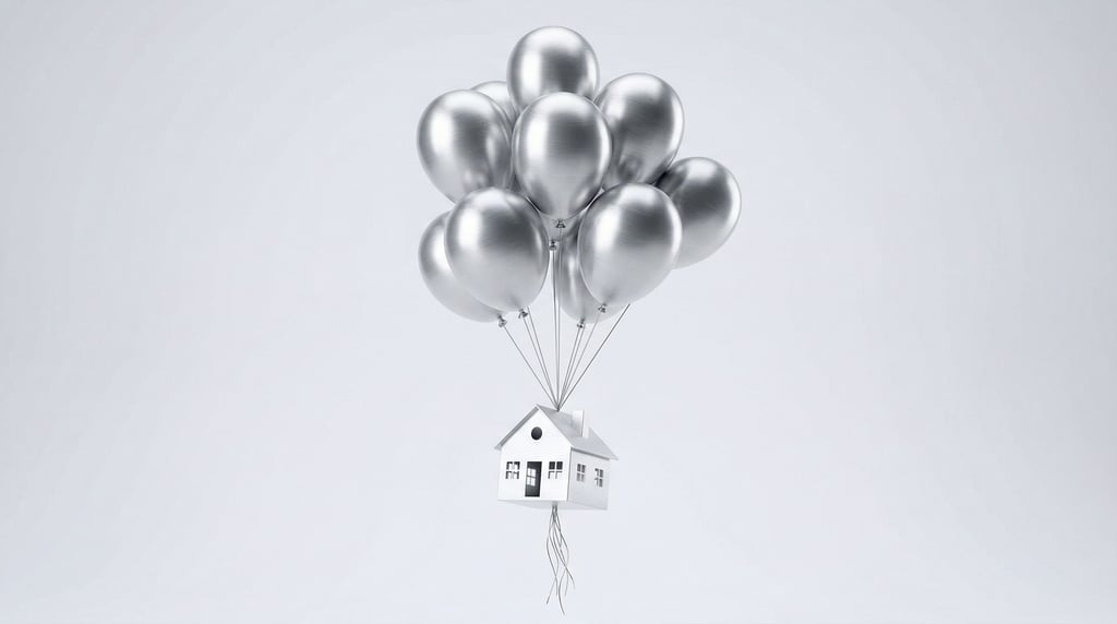 A cluster of balloons carrying a small white house upward, strings trailing below, whimsical ascent (srwitwko)