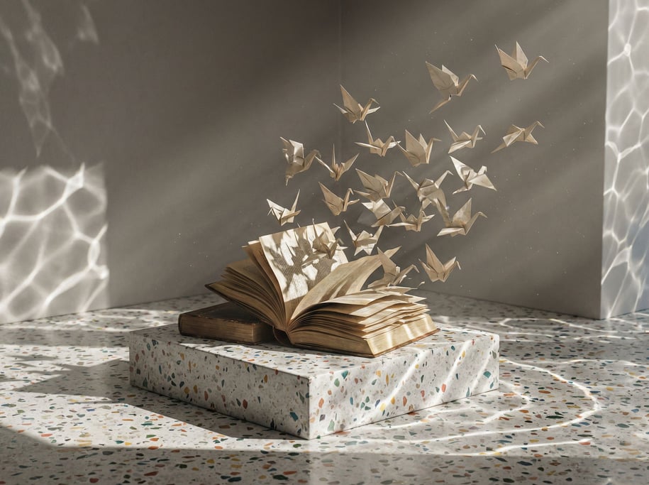 Books with pages unfurling and transforming into a flock of origami birds mid-flight