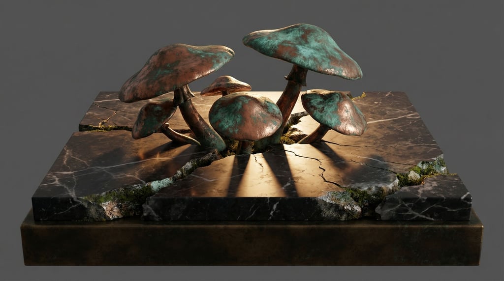 Mushrooms growing from a polished marble surface, organic caps pushing through refined stone
