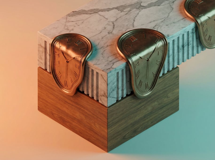 Melting clock faces draped over the edge of a marble shelf