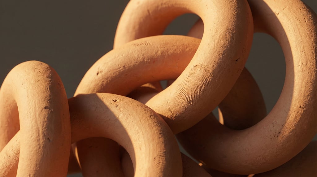 Interlocking torus knots forming a continuous chain, suspended in a void, smooth and sculptural (cfyzc6f4)