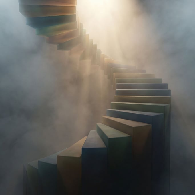 A spiral staircase made of translucent glass panels, ascending into soft fog above (irixvws3)