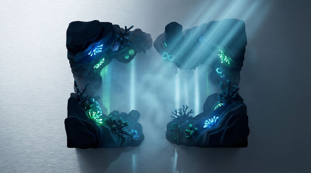 Underwater cave scene, bioluminescent organisms dotting the walls