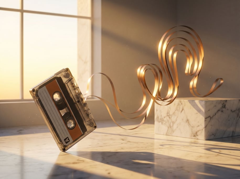 A cassette tape with the magnetic ribbon unspooling and forming a flowing sculptural wave in the air