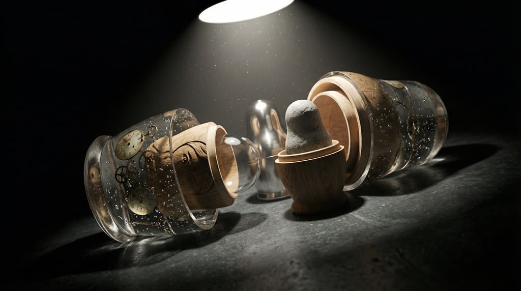 A set of Russian nesting dolls partially opened, each layer a different material: wood, glass