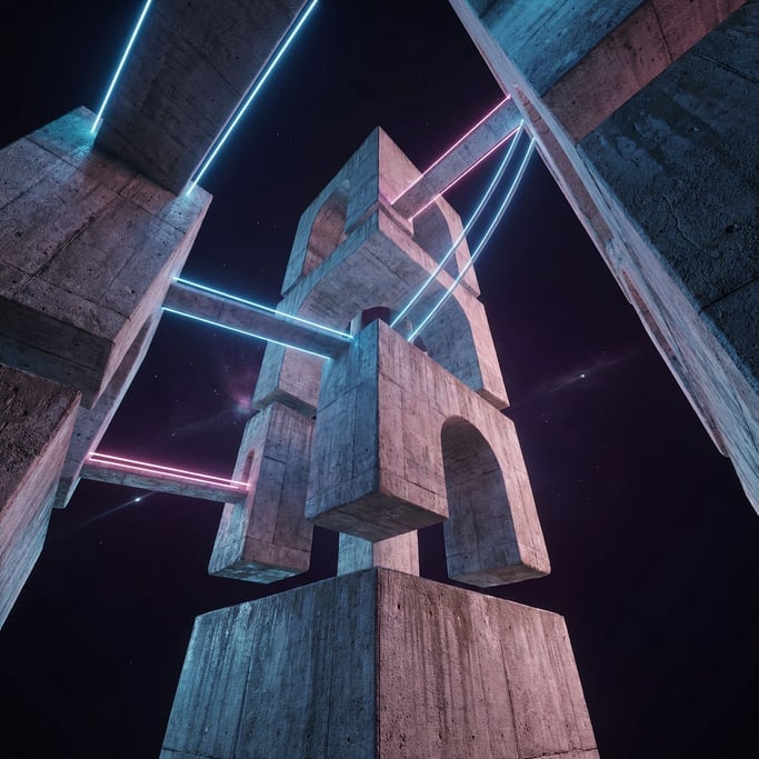 Floating stone platforms connected by impossible bridges, gravity-defying architecture in a void