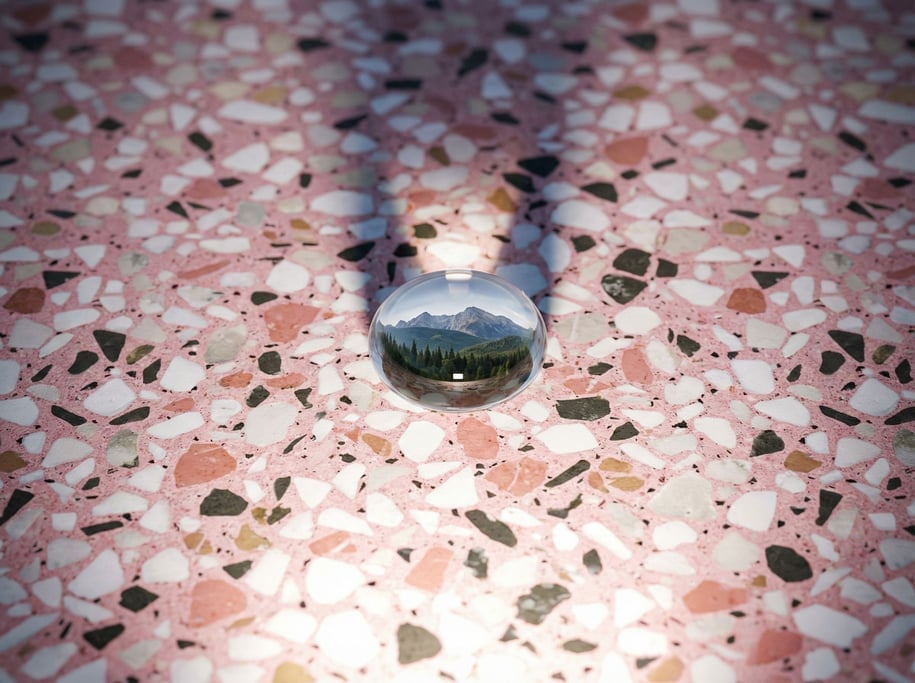 A raindrop at macro scale, the entire surrounding landscape visible refracted and inverted through t (deyahenl)