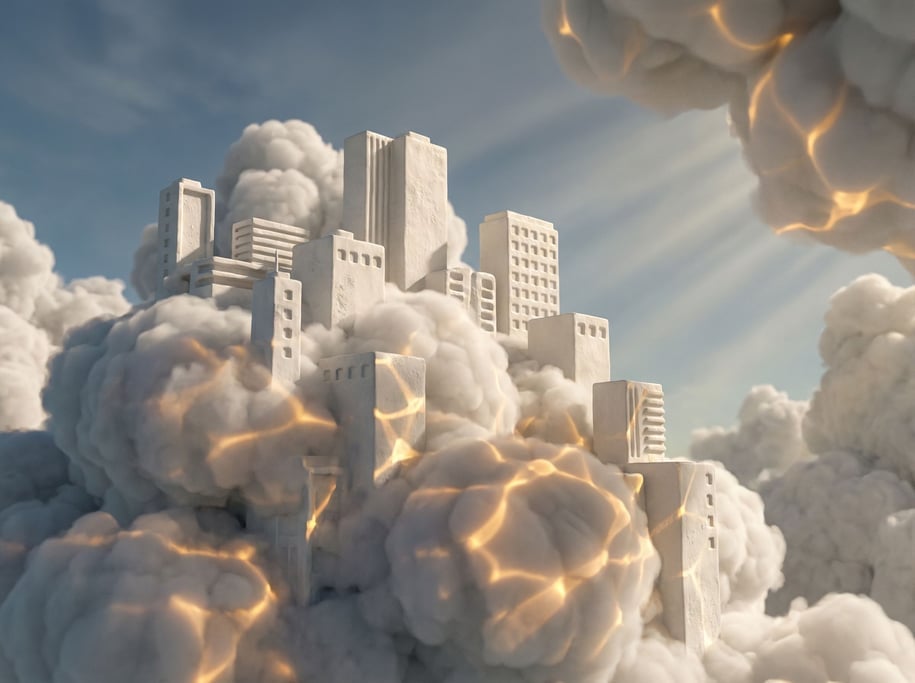 A city built on clouds, white modernist buildings perched on cumulus formations