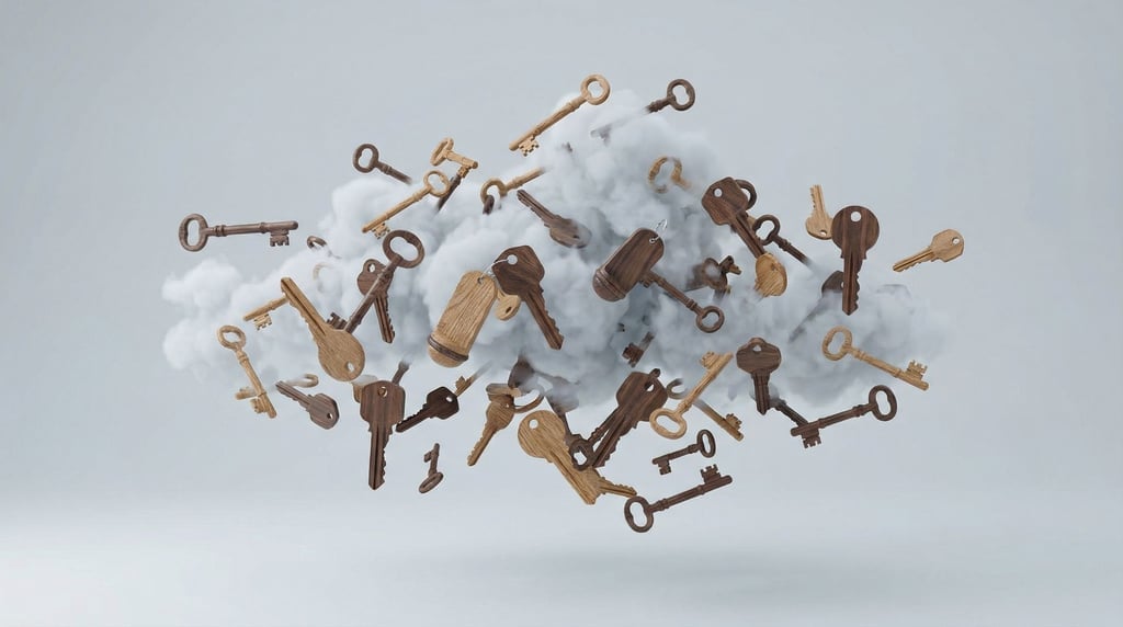 Keys of all shapes and sizes floating in a cloud formation, old skeleton keys and modern keys mixed (milztihg)
