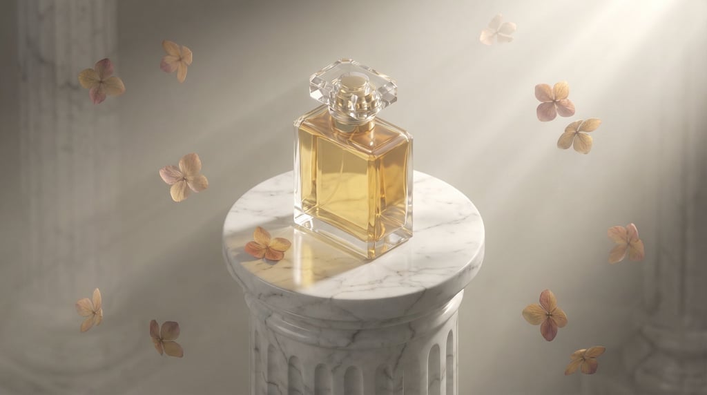 A single perfume bottle on a circular stone pedestal, surrounded by floating dried flower petals (wtr4us5p)