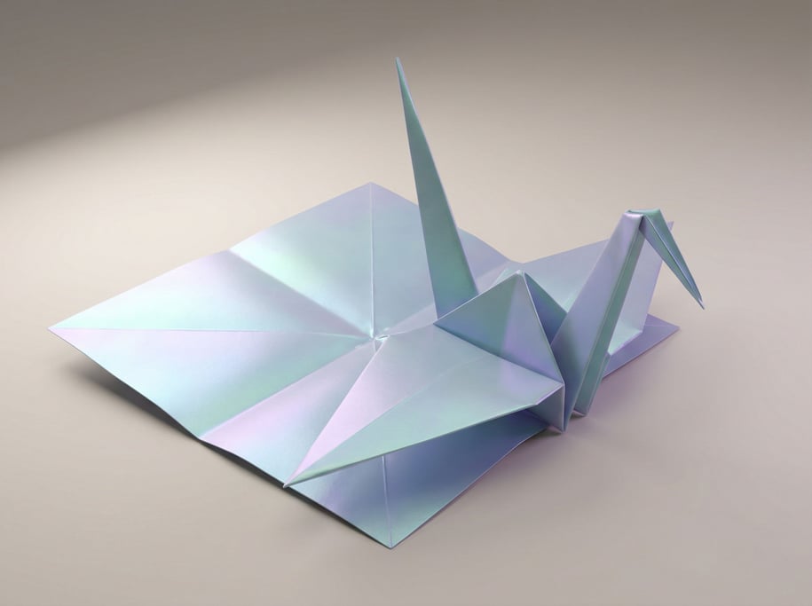 Origami crane mid-fold, crisp paper caught between flat sheet and finished form, transitional state