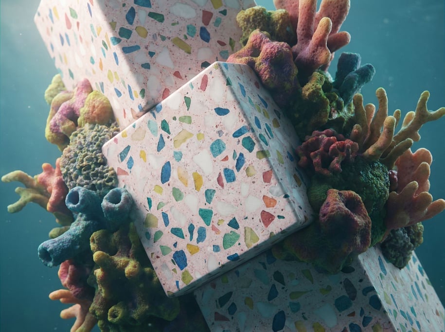 Coral formations growing on submerged geometric concrete blocks, organic reclaiming angular (8ckgrkln)