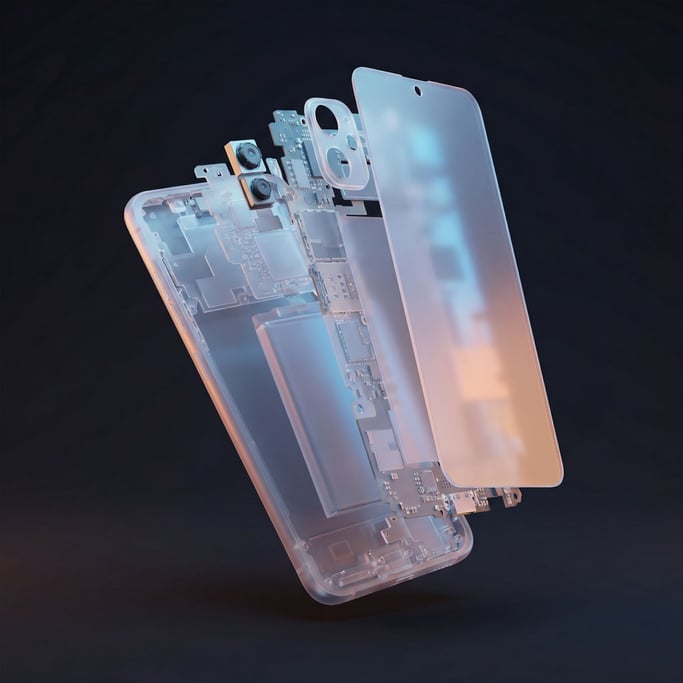 A smartphone exploded view, every component hovering in its correct position, layered transparency