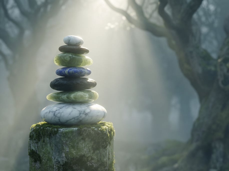Stacked stones in a cairn formation, each stone a different exotic material, balanced and meditative