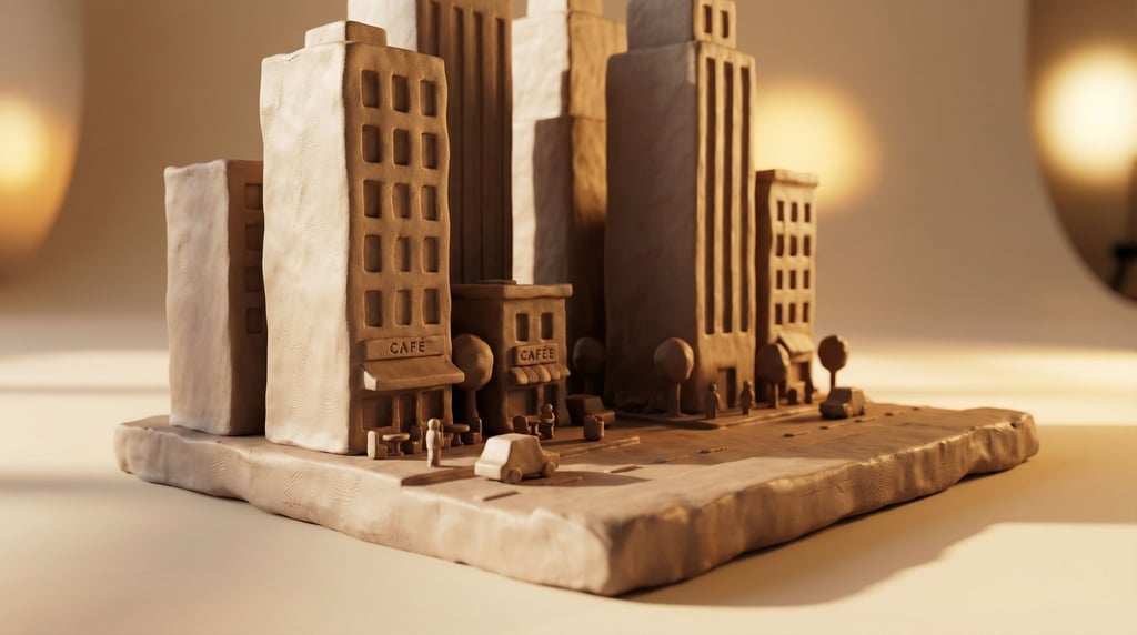 Isometric city block with cafes, trees, and tiny vehicles, warm toy-like scale, afternoon shadows