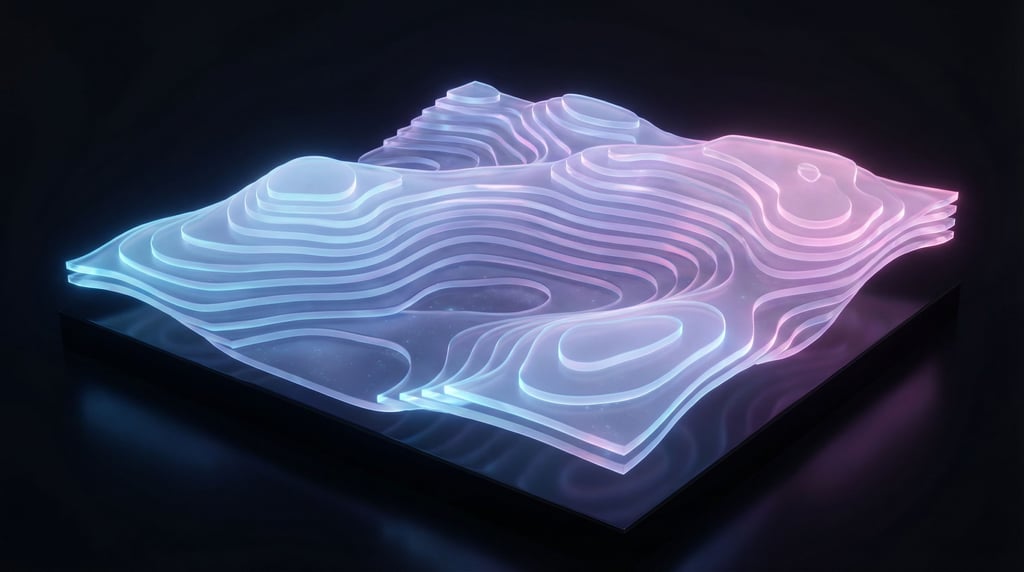 Abstract topographic landscape, layered contour lines extruded into a three-dimensional terrain mode