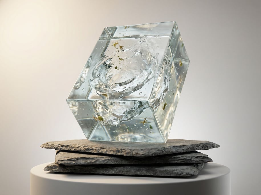 Water simulation frozen mid-pour over stacked stone plates (fazs6xme)