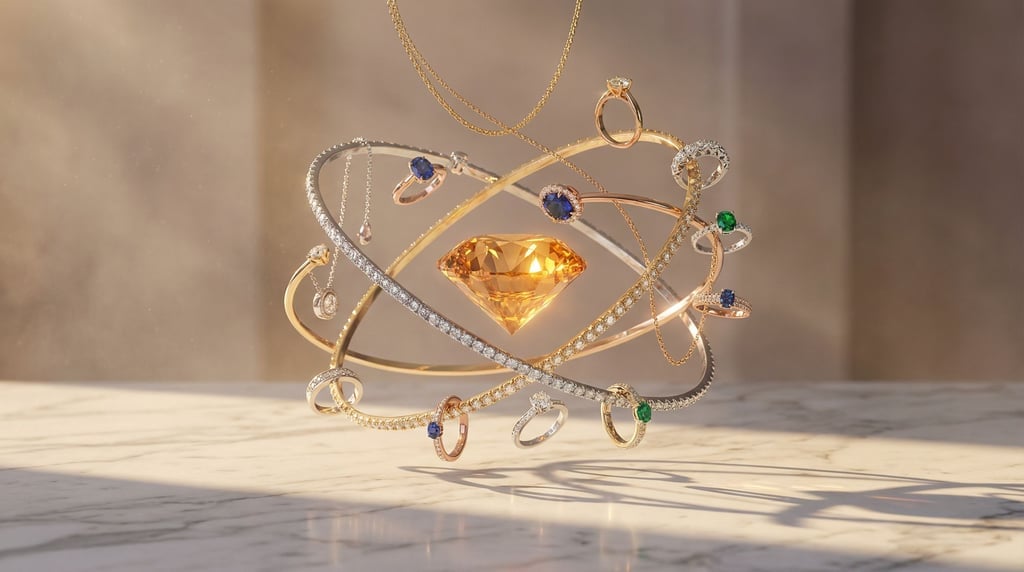 Jewelry pieces floating in a constellation arrangement, necklaces and rings orbiting a central gem (vh05cdcs)
