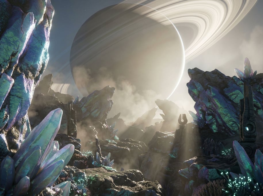 An alien planet surface, unusual crystalline rock formations under a sky with a massive ringed plane