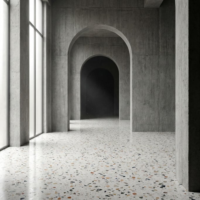 A brutalist concrete interior with dramatic arched doorways receding into shadow, monumental scale