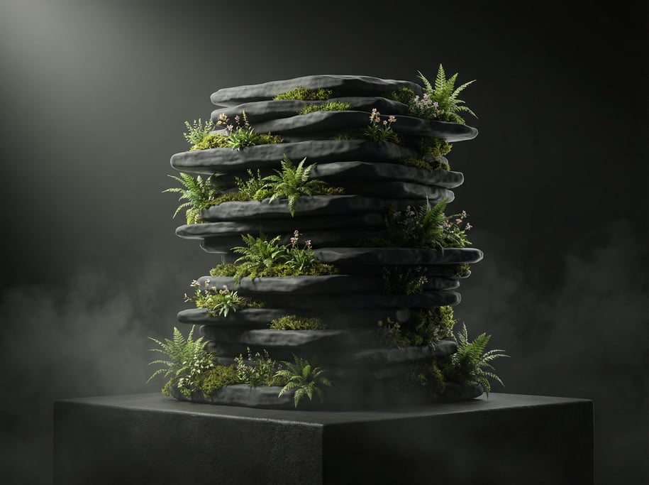 A stack of thin stone slabs with plants growing between each layer (4mf3pk6o)