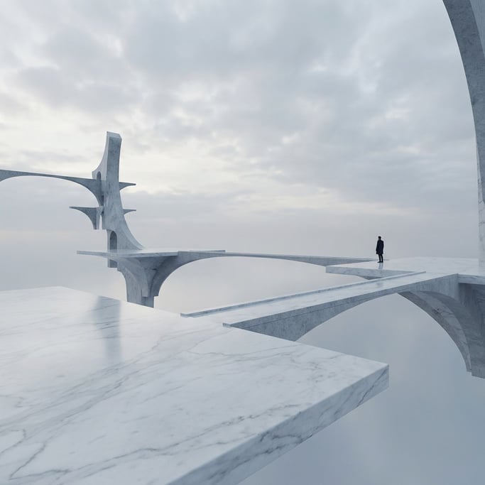 Floating stone platforms connected by impossible bridges, gravity-defying architecture in a void (f9byhu5n)