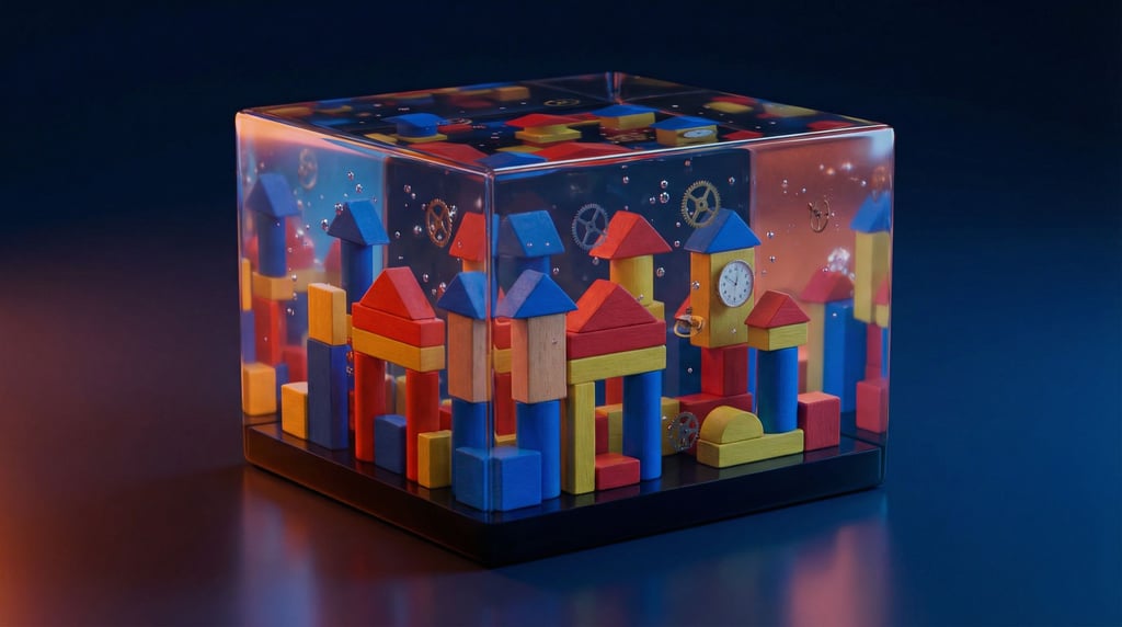 Wooden building blocks arranged as a miniature cityscape, primary-colored towers and bridges (0cy0vopj)