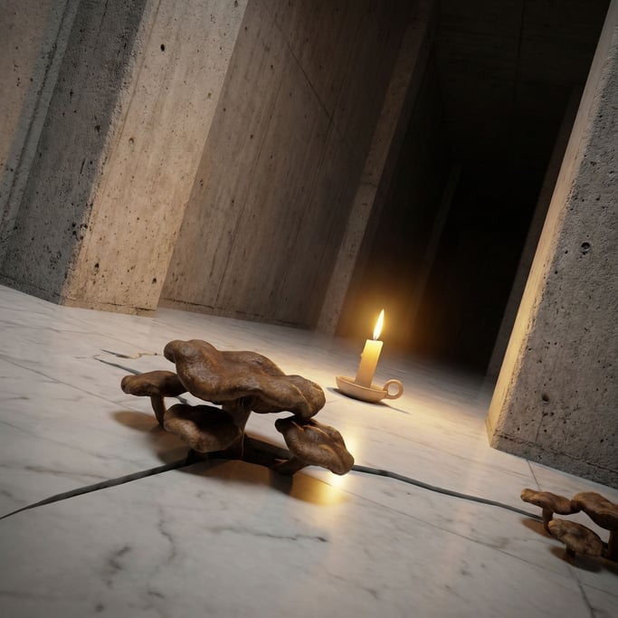 Mushrooms growing from a polished marble surface, organic caps pushing through refined stone (a4iwd6h)