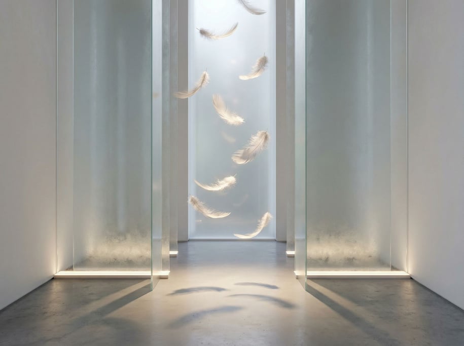 Feathers falling slowly through a column of light, barbs and down visible in fine detail (fzwk0gwz)