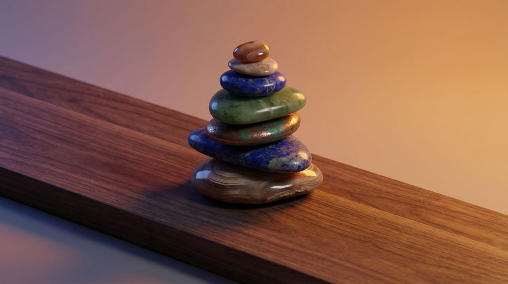 Stacked stones in a cairn formation, each stone a different exotic material, balanced and meditative (btzmg9sm)